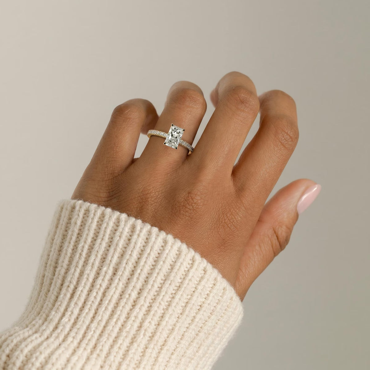 Radiant Cut Engagement Ring Fully Encircling Hidden Halo & Pavé Band Glamorous Diamond Ring