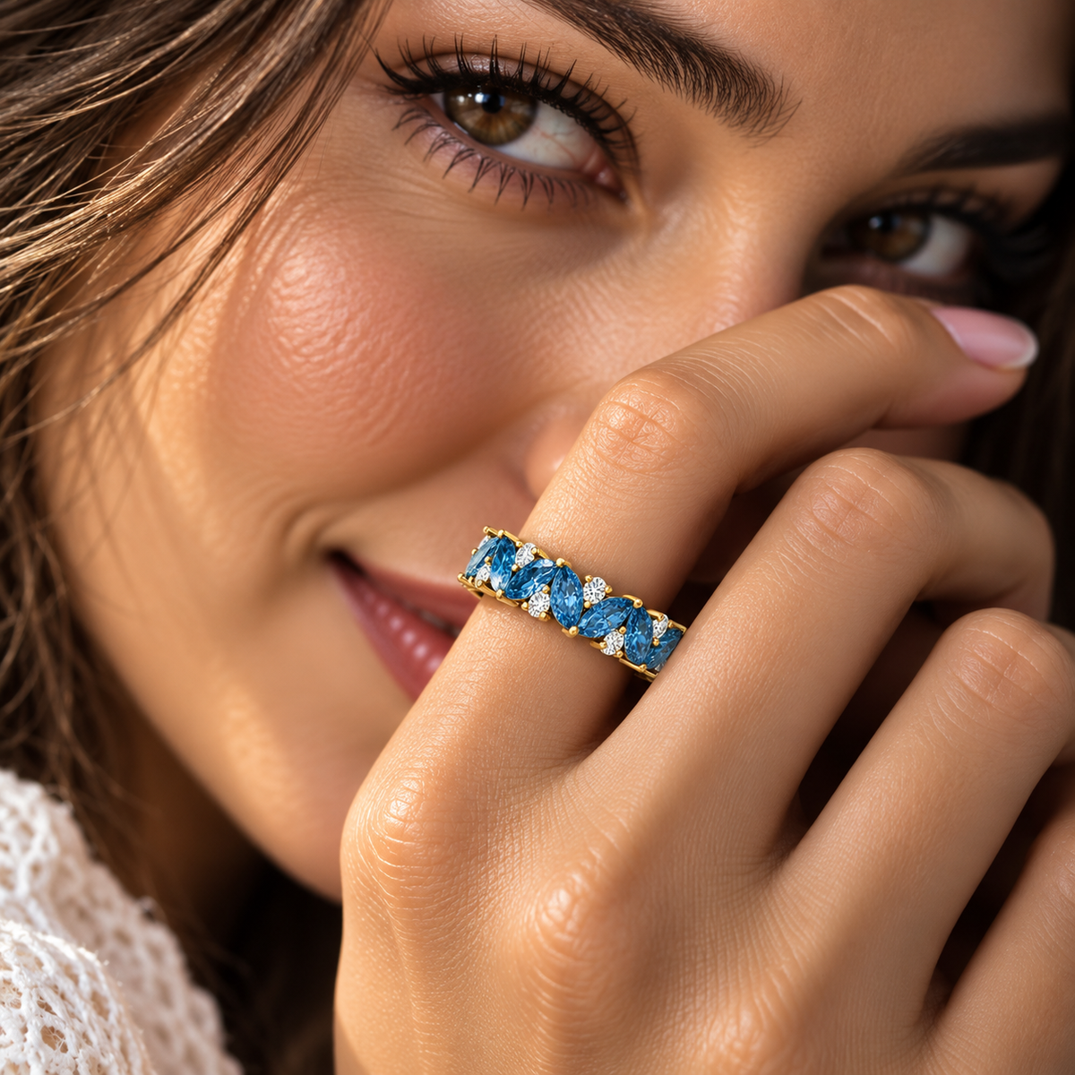 Marquise Blue Sapphire Lab Grown Diamond & Moissanite Eternity Ring