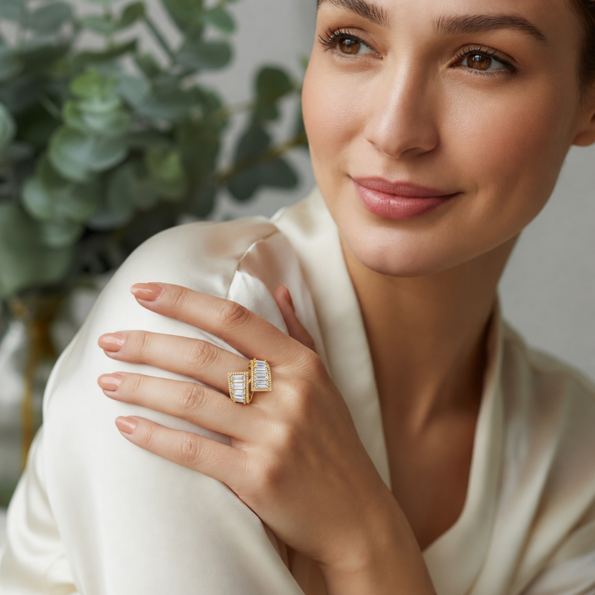 Emerald Cut Moissanite And Lab Grown Diamond Halo Gold Statement Ring