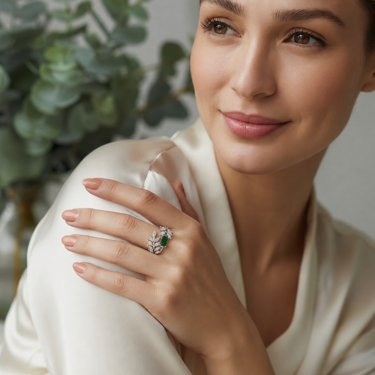 Emerald Cut Lab Grown & Moissanite Leaf Nature Inspired Statement Ring