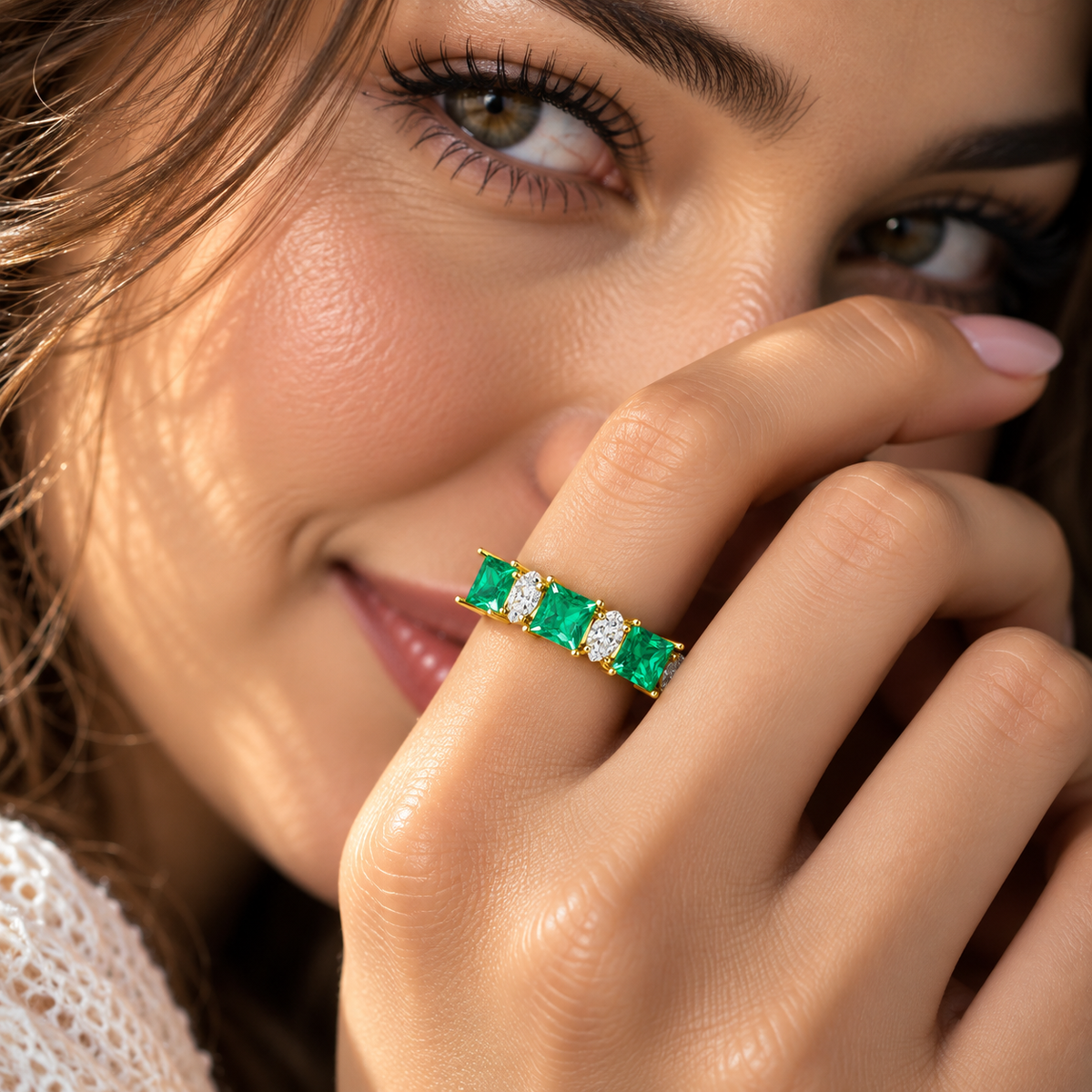 Green Princess Cut Lab Grown Diamond And Moissanite With Pear Shape Eternity Ring