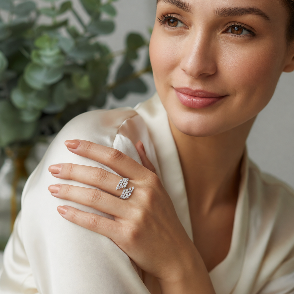 Pear Shape Moissanite & Lab Grown Diamond Vine Ring Nature Inspired Statement Ring