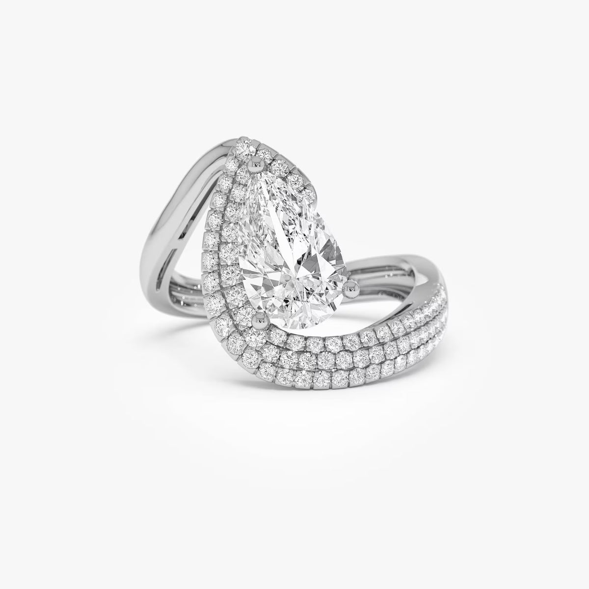 2ctw Pear Triple Row Pave Diamond Engagement Ring, Statement Bridal Ring, Unique Teardrop Diamond Ring