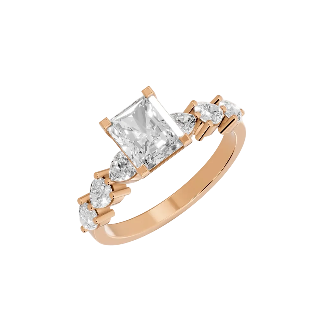 radiant cut lab grown diamond engagement ring in silver, three-quarter view