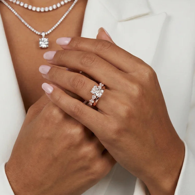 Radiant Cut Lab Grown Diamond & Moissanite Engagement Ring with Marquise Side Stones