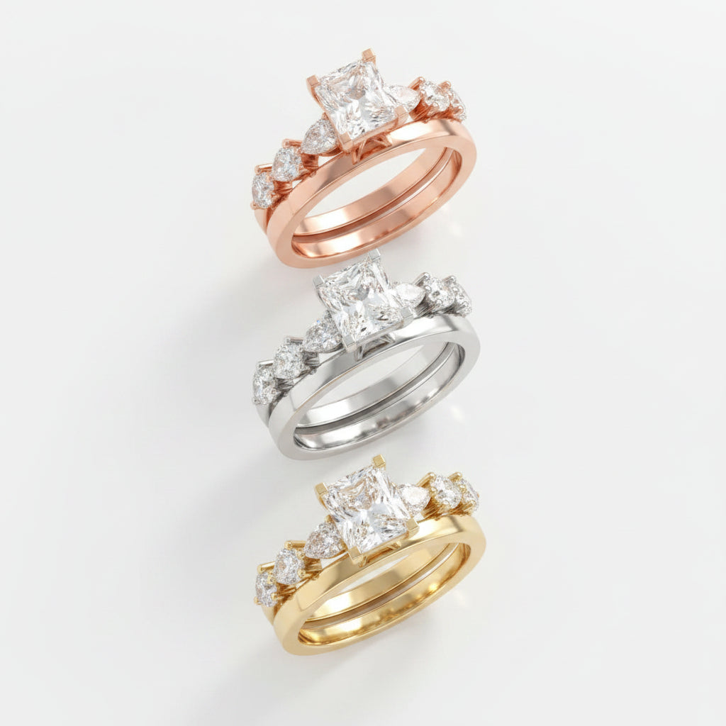 Radiant Cut Lab Grown Diamond & Moissanite Engagement Ring with Marquise Side Stones