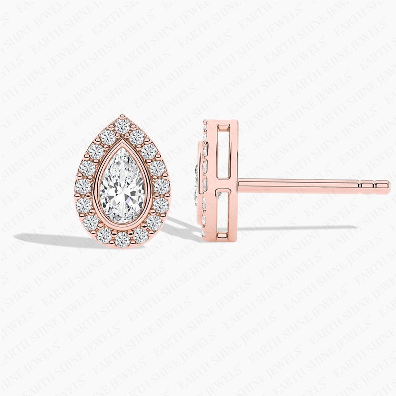 Bezel Set Pear Cut Halo Lab-grown Diamond Stud Earrings For Women, Moissanite Stud Earrings Wedding Earrings