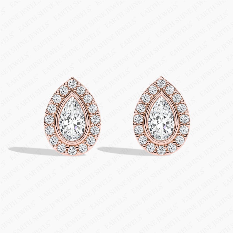 Bezel Set Pear Cut Halo Lab-grown Diamond Stud Earrings For Women, Moissanite Stud Earrings Wedding Earrings