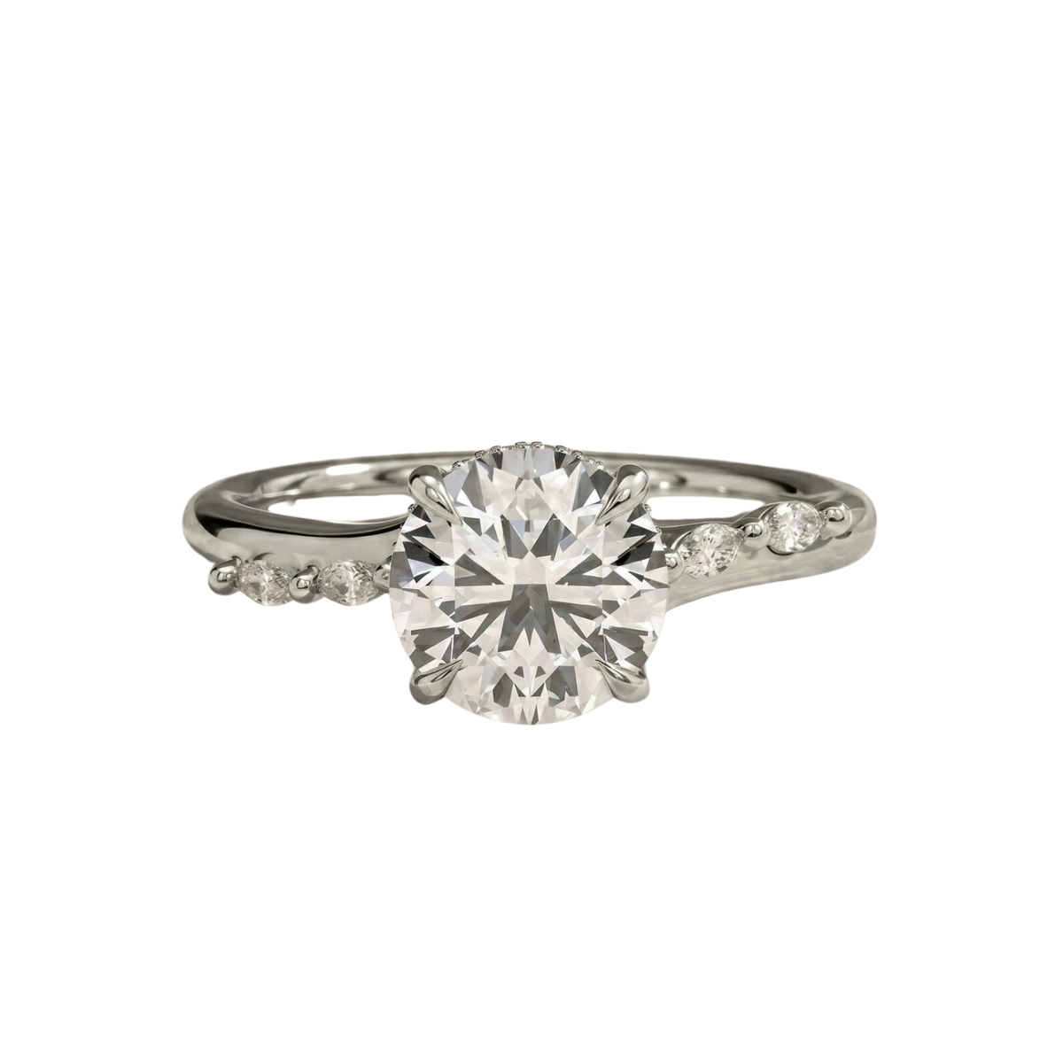 Engagement ring with a 2ct solitaire in a hidden halo setting with cathedral setting and marquise, diamond