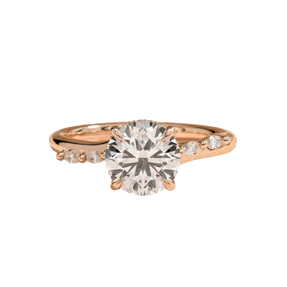 Engagement ring with a 2ct solitaire in a hidden halo setting with cathedral setting and marquise, diamond