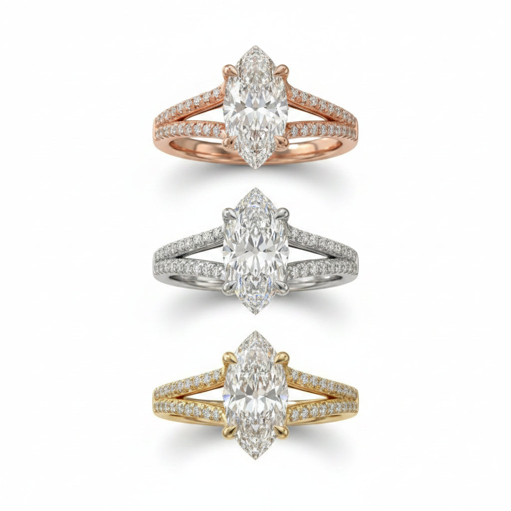 Marquise Cut Pavé Split Shank Solitaire Engagement Ring – Lab Grown Diamond & Moissanite