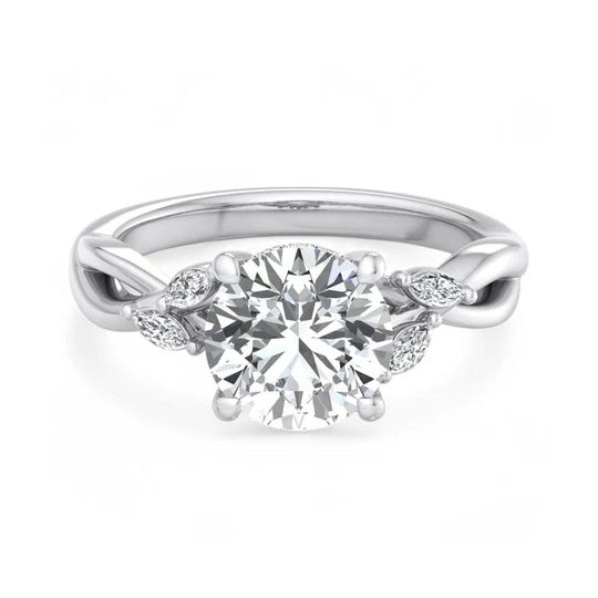 A silver-colored diamond ring with a large round-cut center stone and smaller accent diamonds on the band, shown on a plain white background.