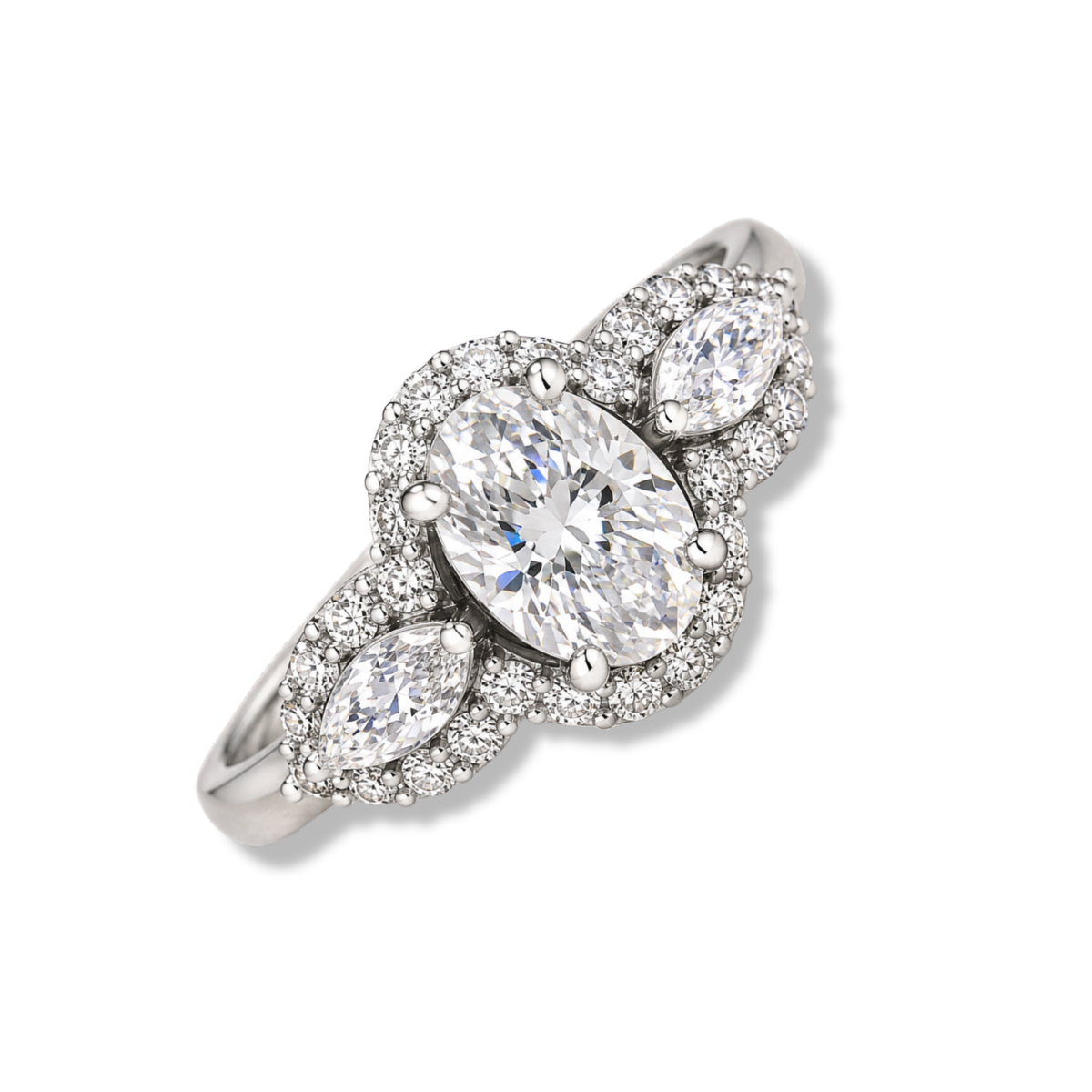 Oval Cut Three-Stone Halo Engagement Ring with Marquise Side Stones -Lab Grown Diamond & Moissanite