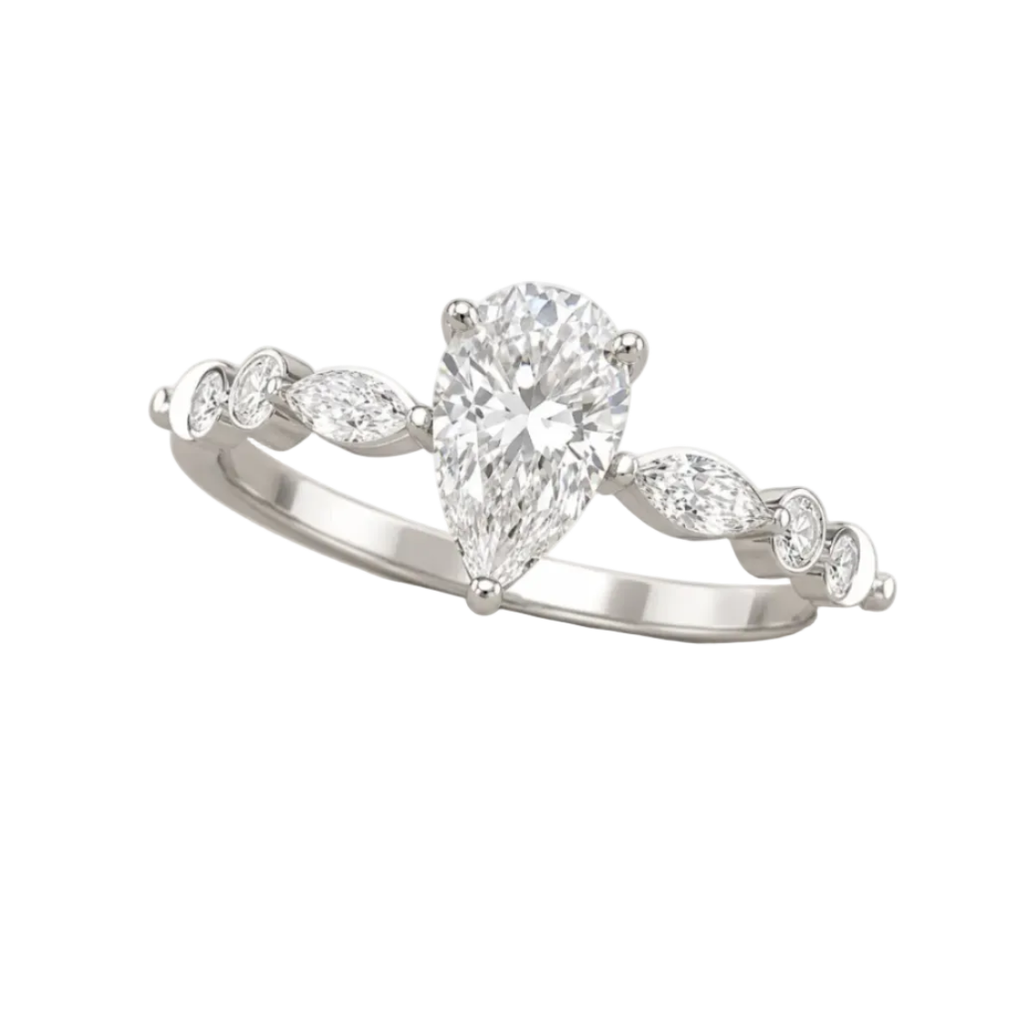 pear lab grown diamond engagement ring in silver, top view