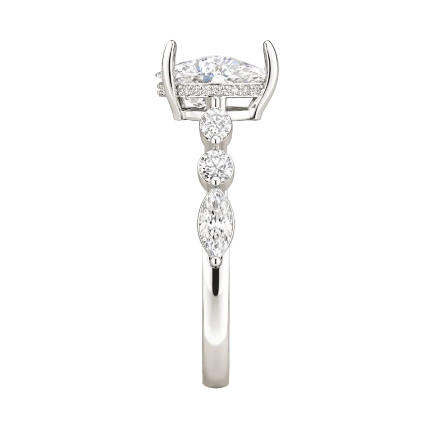 pear lab grown diamond engagement ring in silver, side profile