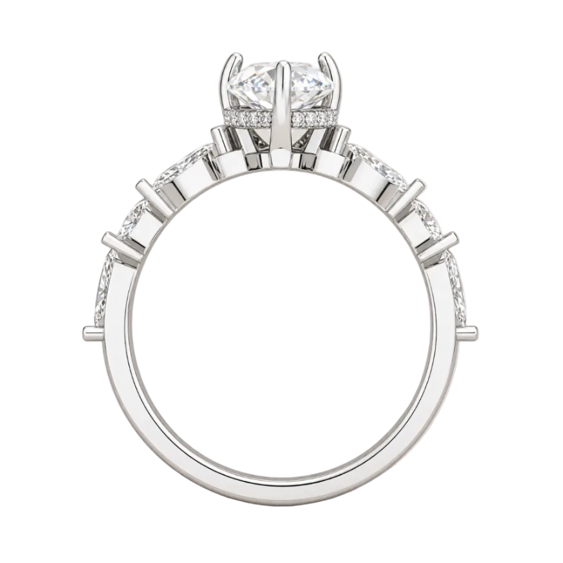 Pear Cut Lab Grown Diamond & Moissanite Three Stone Engagement Ring with Marquise Side Stones