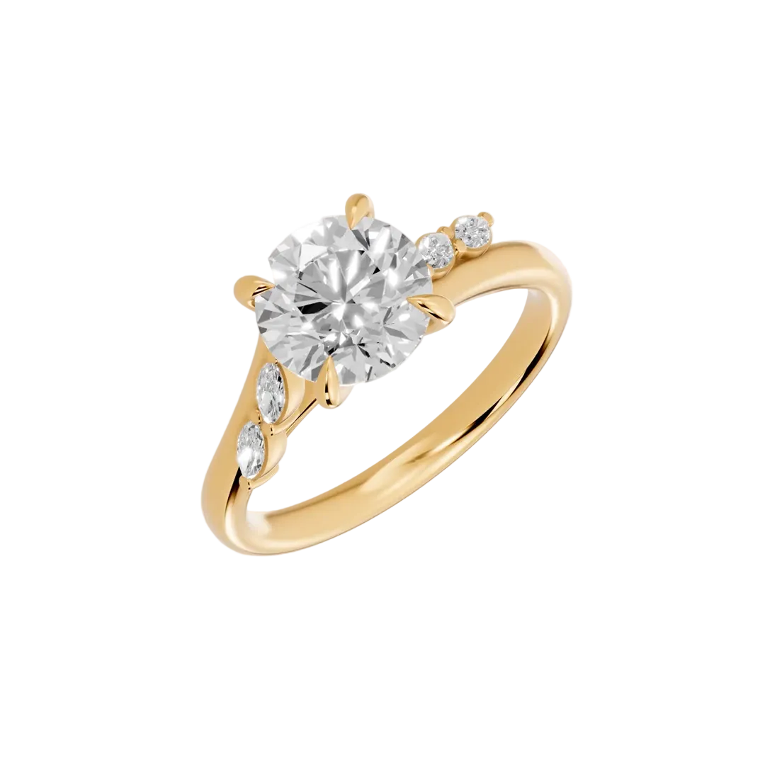 round lab grown diamond engagement ring in silver, three-quarter view