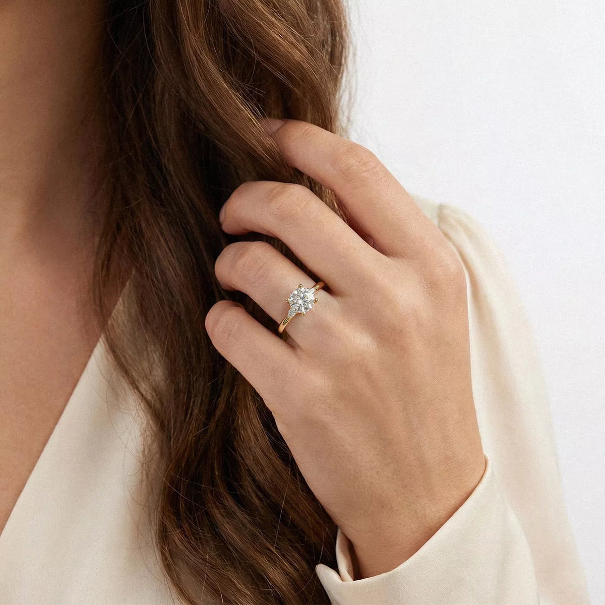 Meredith Accent Round Cut And Pear Cut Three-Stone Lab-Grown Diamond & Moissanite Engagement Ring