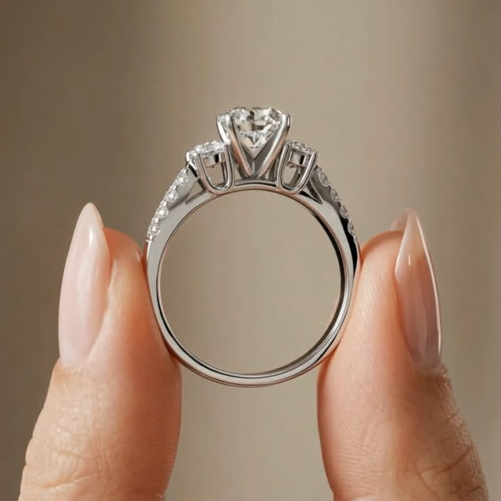 Round Cut Lab Grown Diamond Three-Stone Engagement Ring with Pavé Band-Lab Grown Diamond & Moissanite
