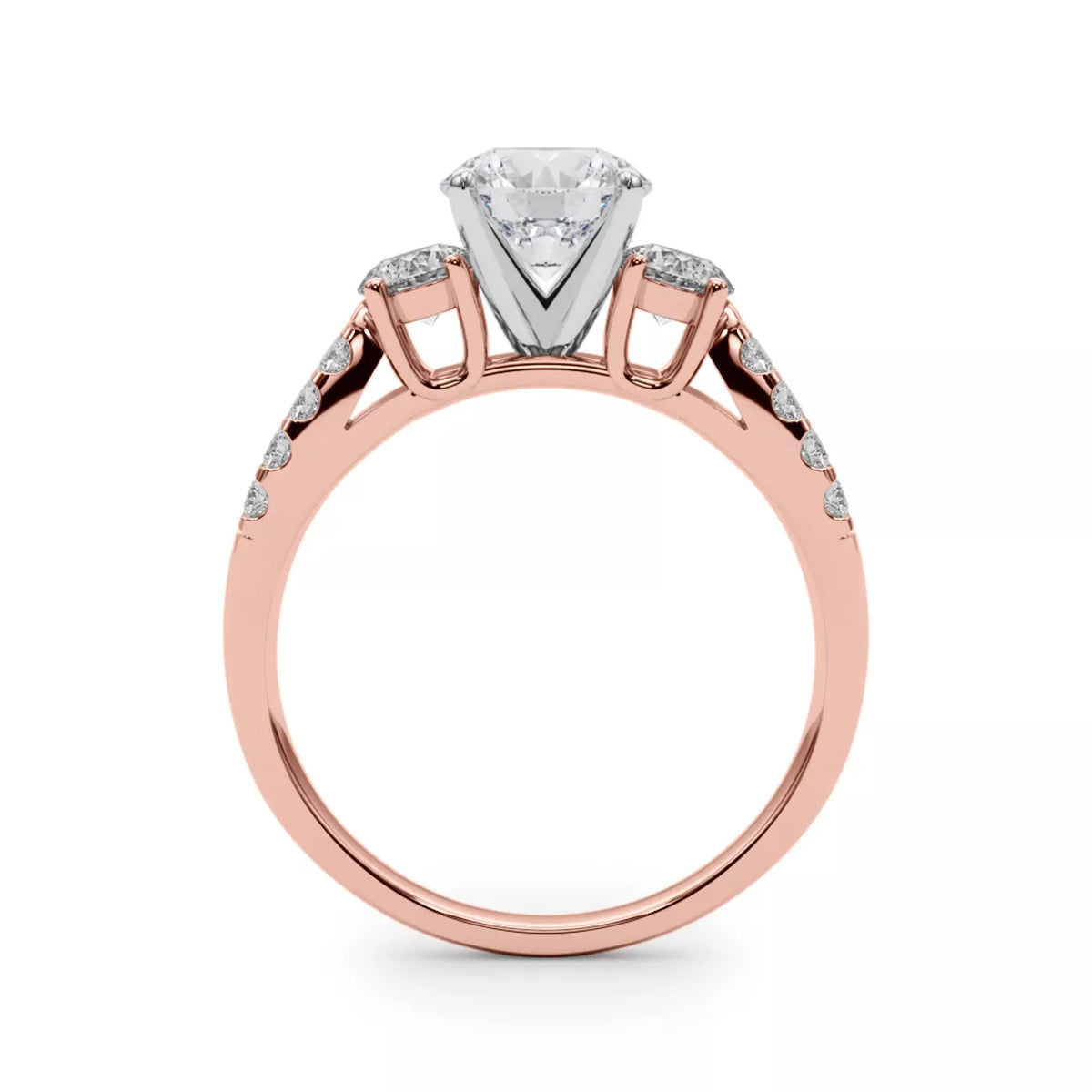 Round Cut Lab Grown Diamond Three-Stone Engagement Ring with Pavé Band-Lab Grown Diamond & Moissanite