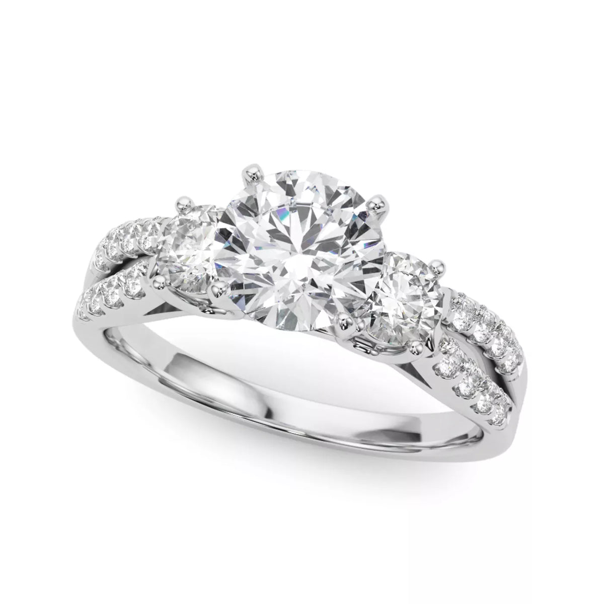 Round Cut Lab Grown Diamond Three-Stone Engagement Ring with Pavé Band-Lab Grown Diamond & Moissanite
