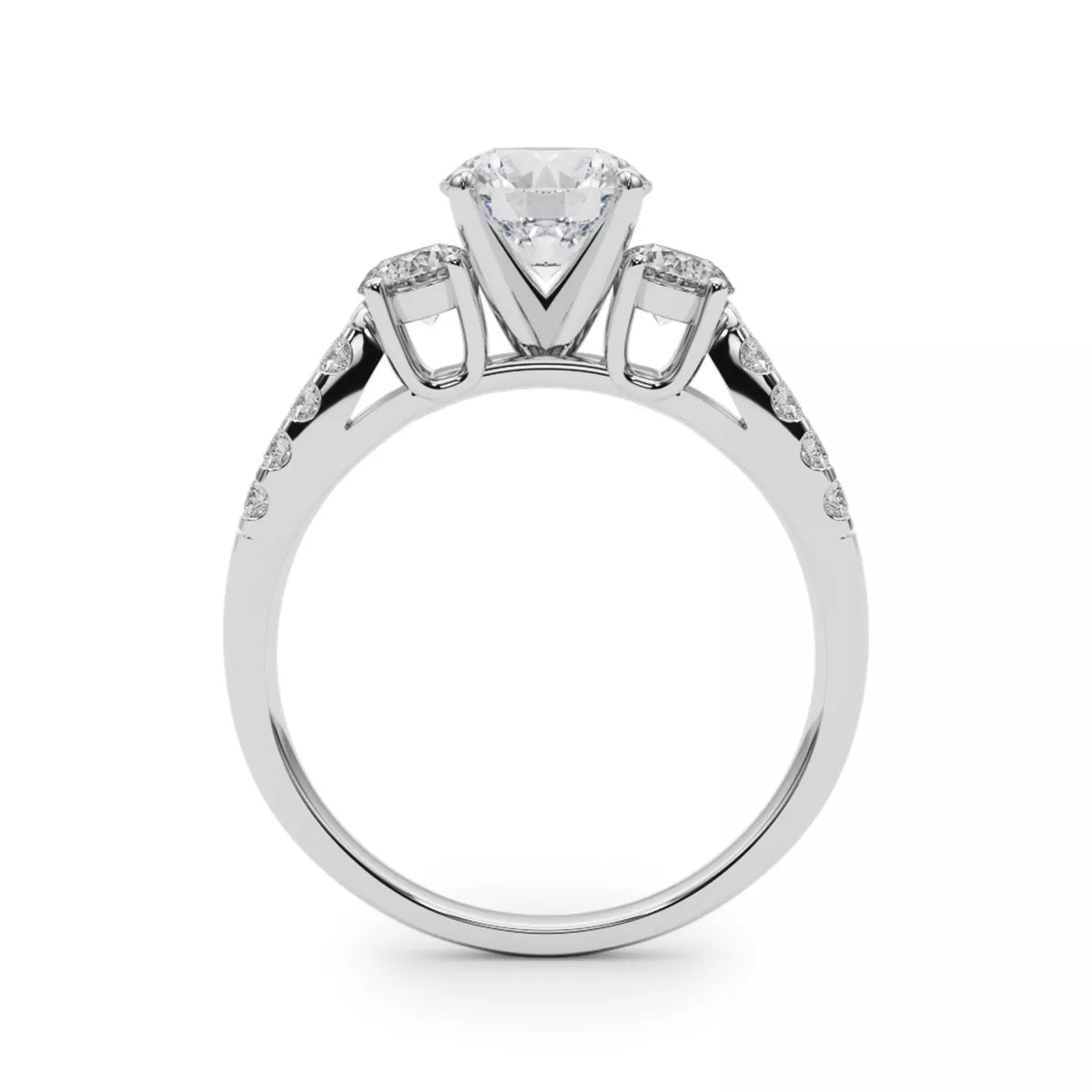 Round Cut Lab Grown Diamond Three-Stone Engagement Ring with Pavé Band-Lab Grown Diamond & Moissanite