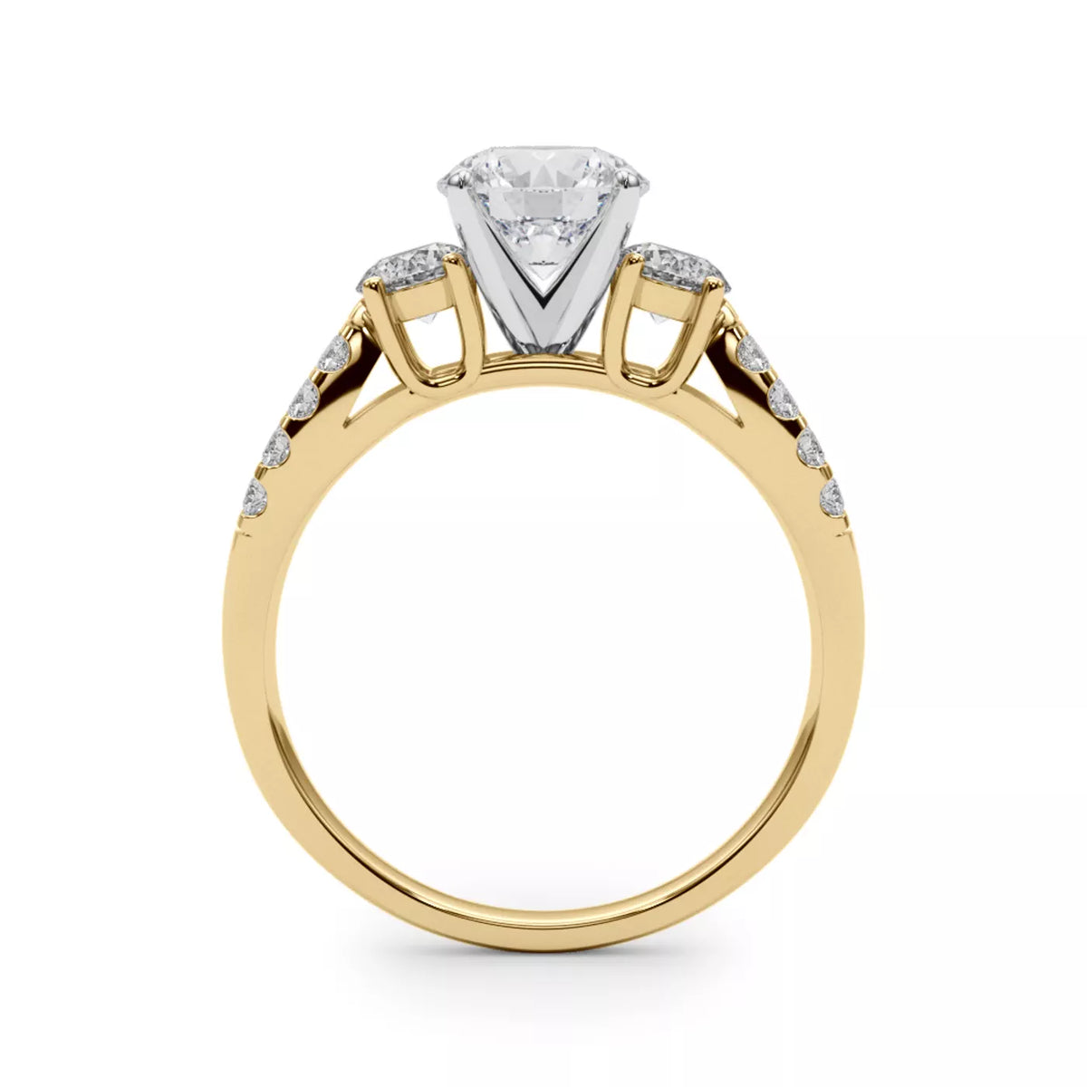 Round Cut Lab Grown Diamond Three-Stone Engagement Ring with Pavé Band-Lab Grown Diamond & Moissanite