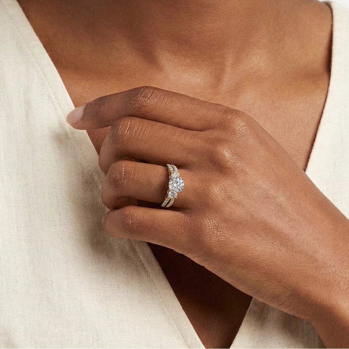 Round Cut Lab Grown Diamond Three-Stone Engagement Ring with Pavé Band-Lab Grown Diamond & Moissanite