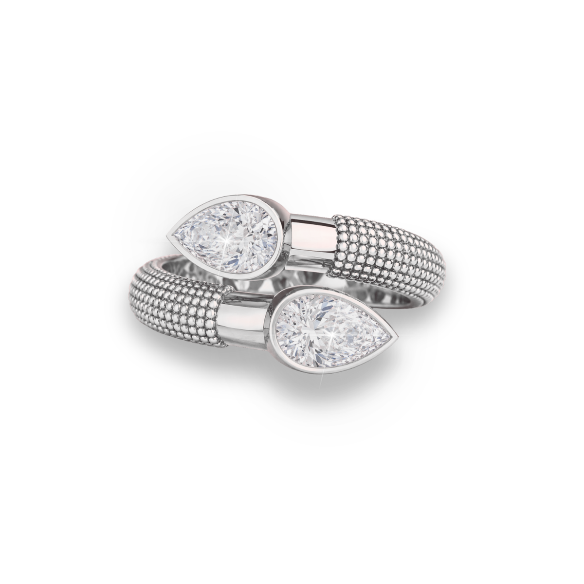 Pear Shape Moissanite Ring Lab Grown Diamond Bezel & Beaded Gold Band