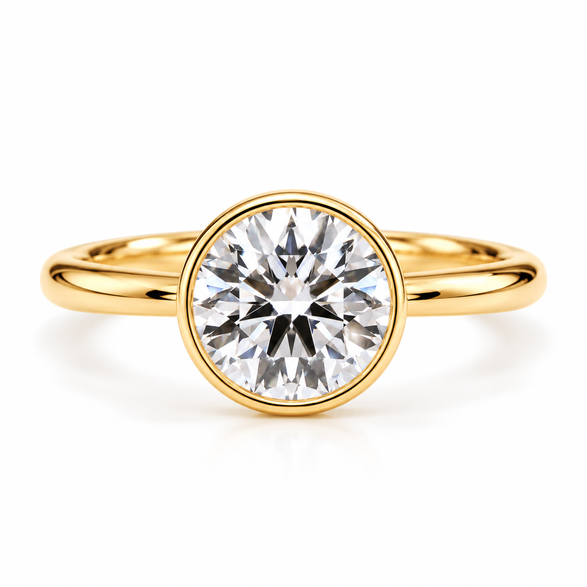 round lab grown diamond engagement ring in gold, three-quarter view