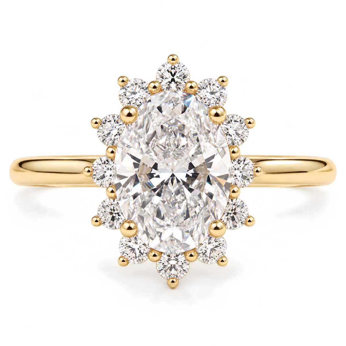Engagement ring oval cut solitaire in a cathedral sunburst halo setting, diamond, gold, handmade, vintage luxury