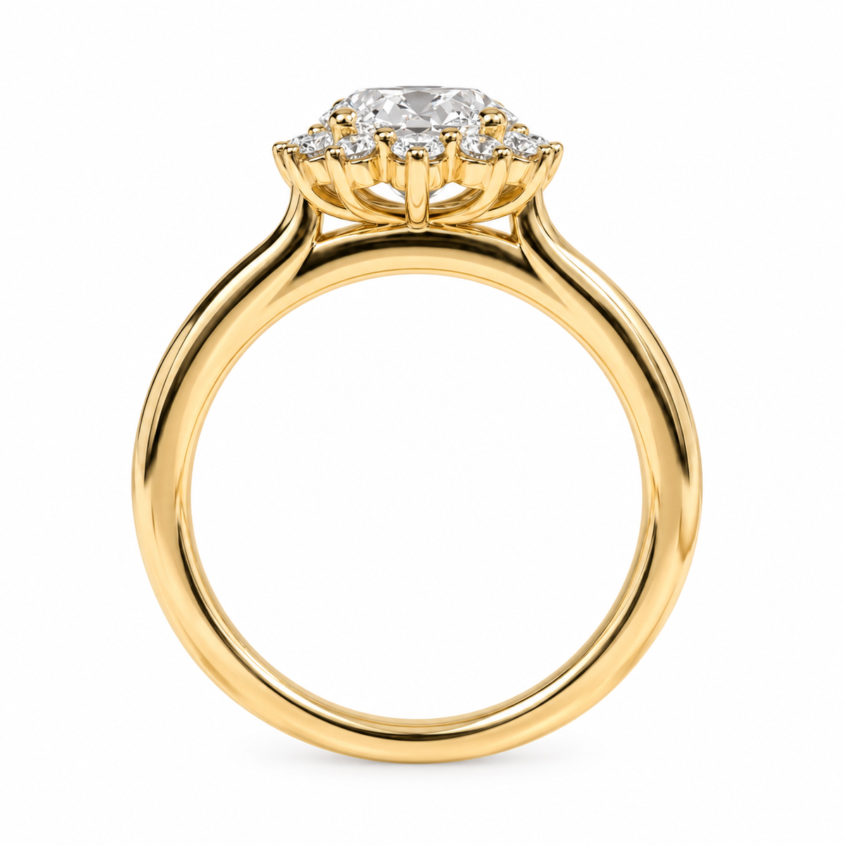 Engagement ring oval cut solitaire in a cathedral sunburst halo setting, diamond, gold, handmade, vintage luxury