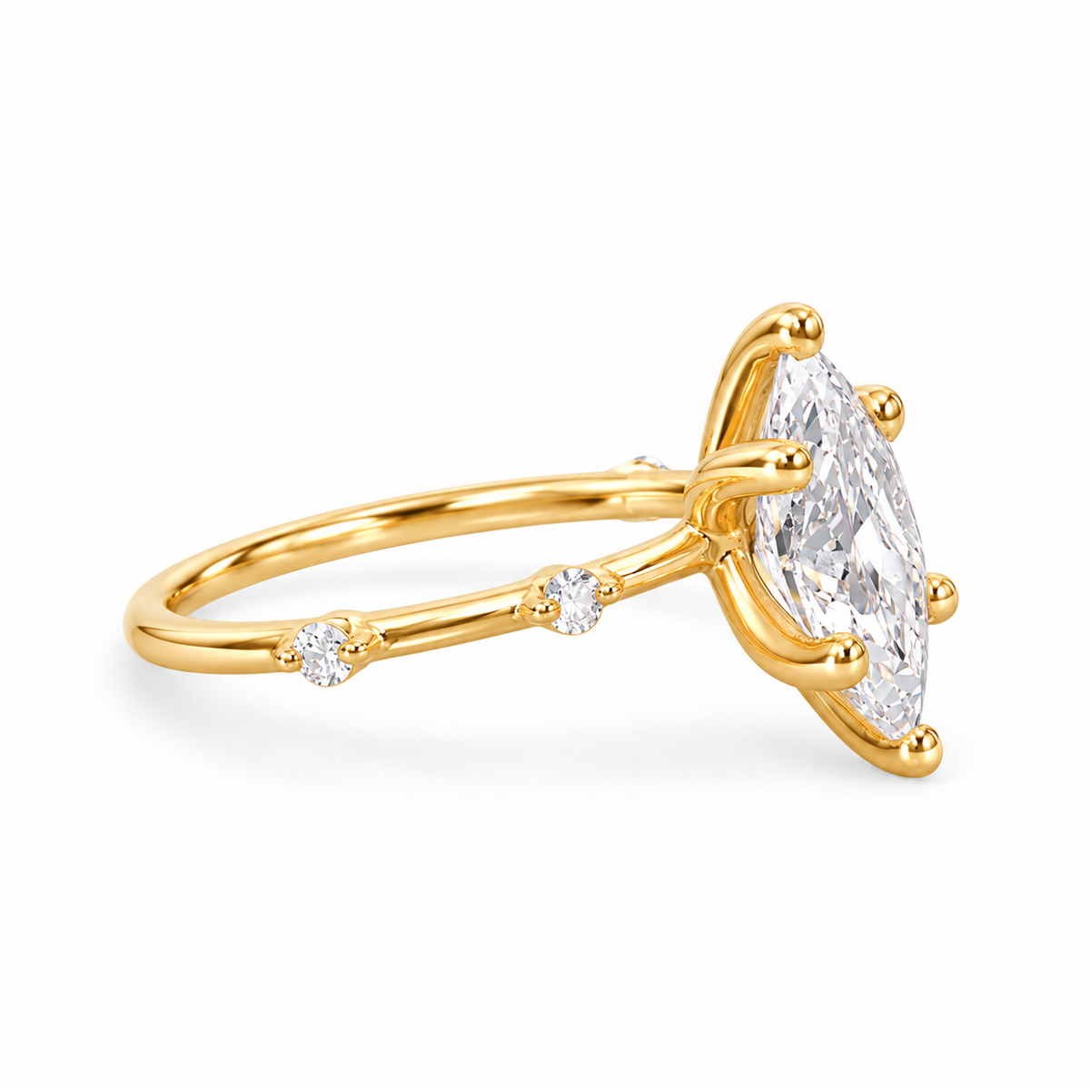marquise lab grown diamond engagement ring in gold, top view