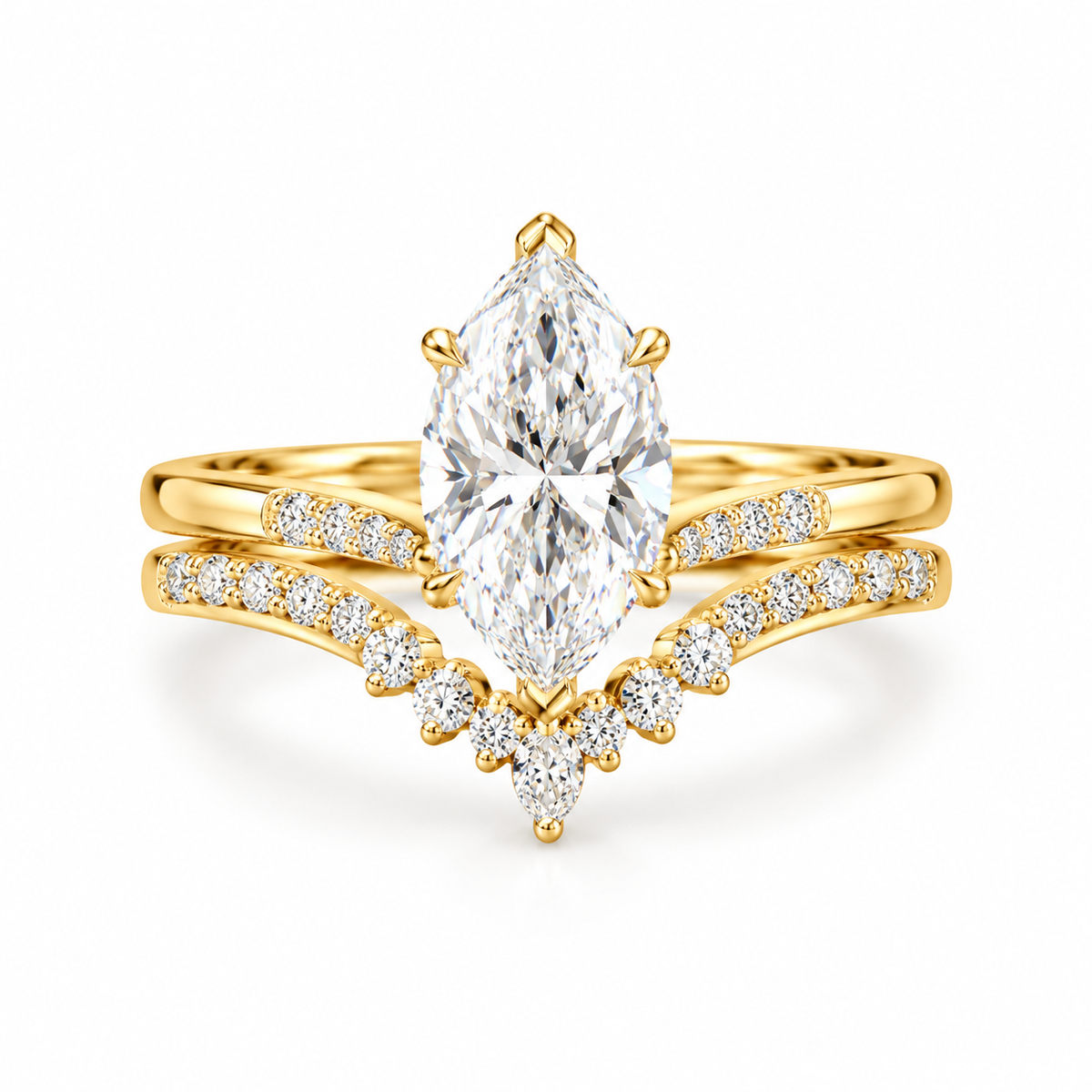 2 CT Marquise Lab Grown Diamond Ring Set, Gold Bridal Wedding Set