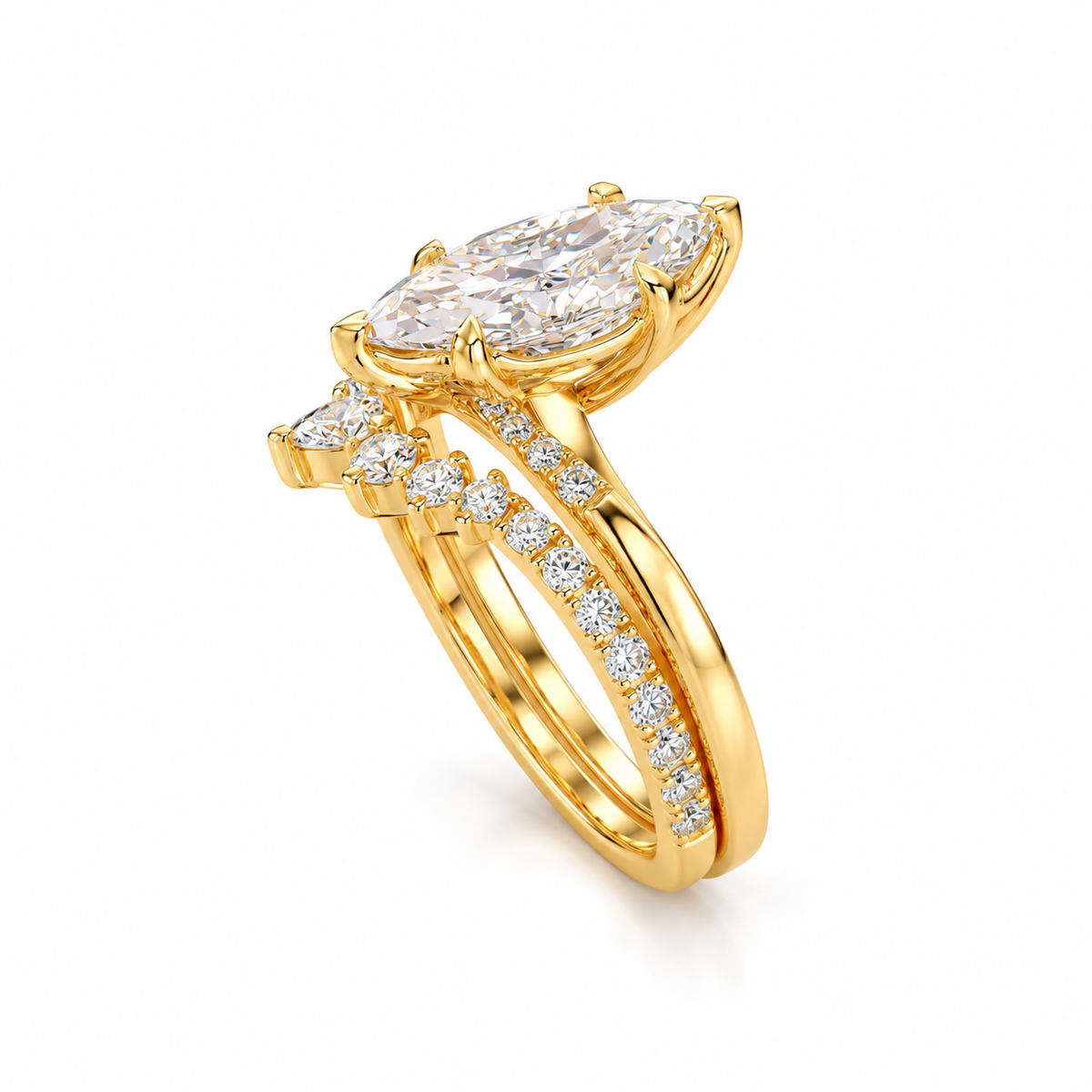 2 CT Marquise Lab Grown Diamond Ring Set, Gold Bridal Wedding Set