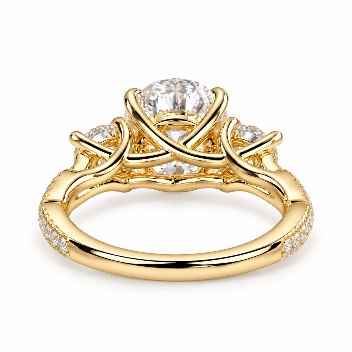 round lab grown diamond engagement ring in gold, side profile