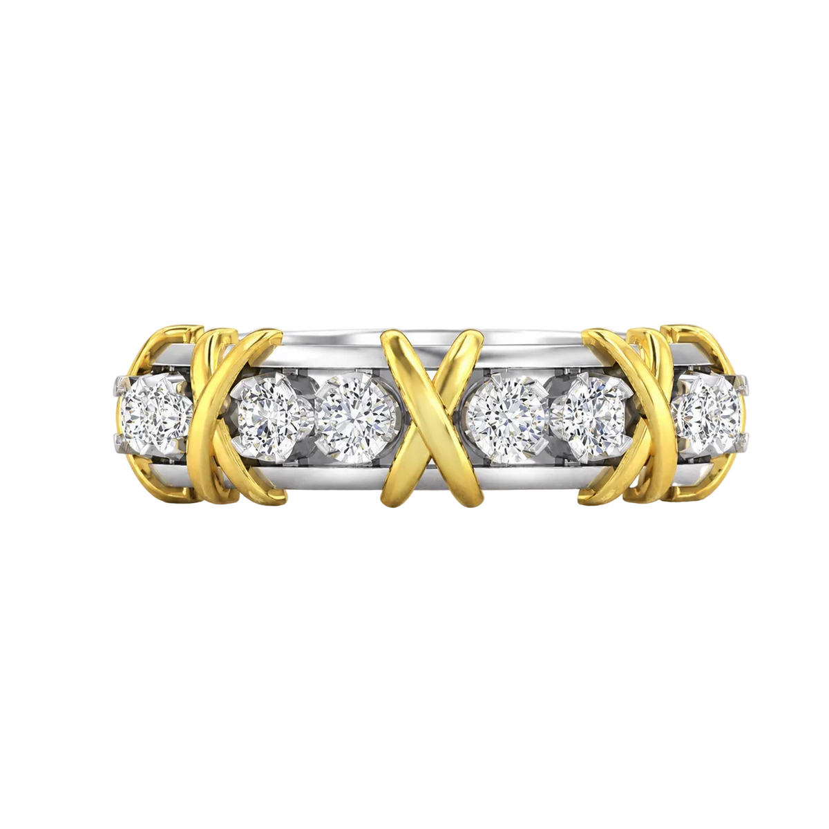 Luxury Lab Grown Diamond & Moissanite Round Cut Crossover Eternity Ring – Two-Tone Gold Vintage Inspired Fine Jewelry Wedding Band
