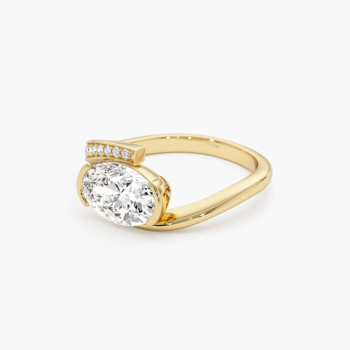 oval lab grown diamond engagement ring in gold, three-quarter view