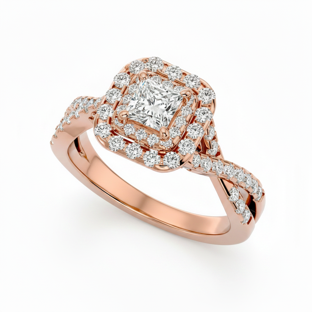 Princess Cut Lab Grown Diamond & Moissanite Double Halo Engagement Ring with Pavé Band
