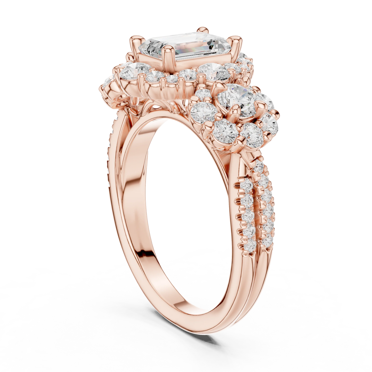 emerald cut lab grown diamond ring in 14k, top view