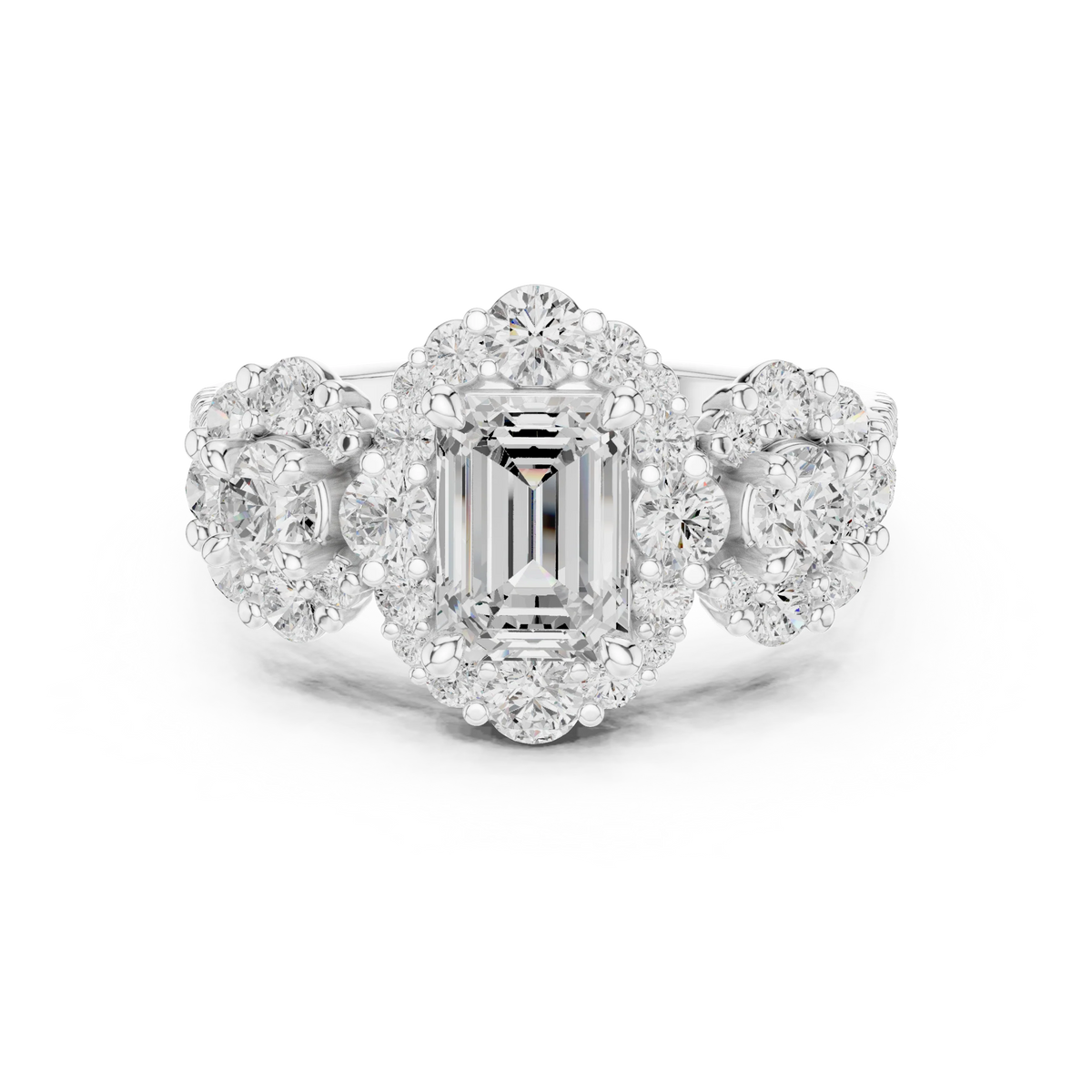 Emerald Cut Diamond Ring with Double Halo and Cluster Side Accents
