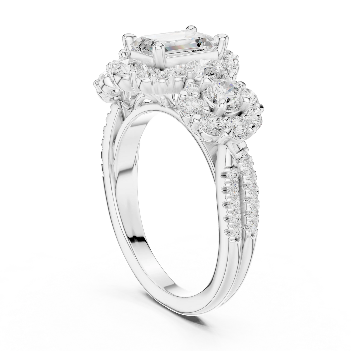 Emerald Cut Diamond Ring with Double Halo and Cluster Side Accents