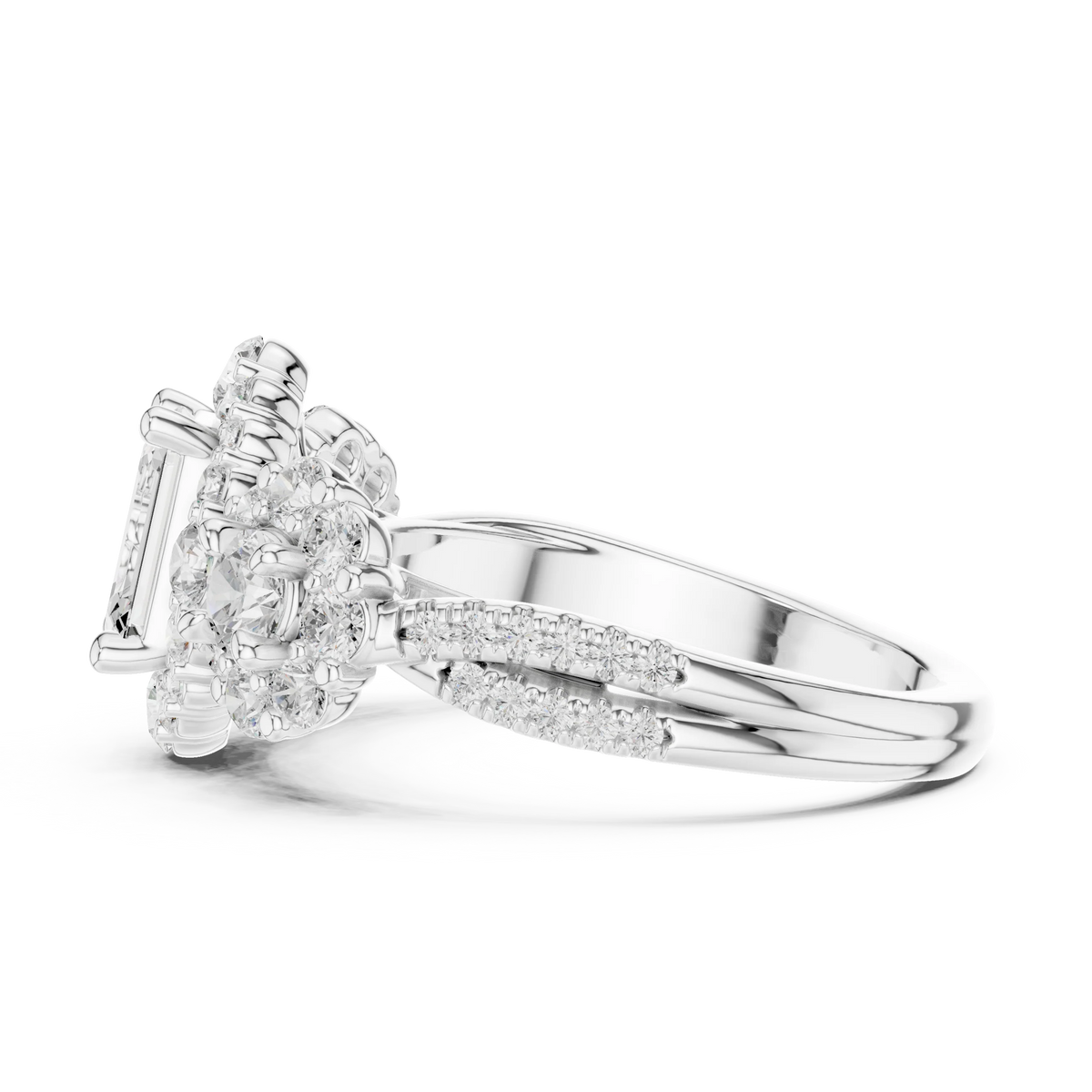 Emerald Cut Diamond Ring with Double Halo and Cluster Side Accents