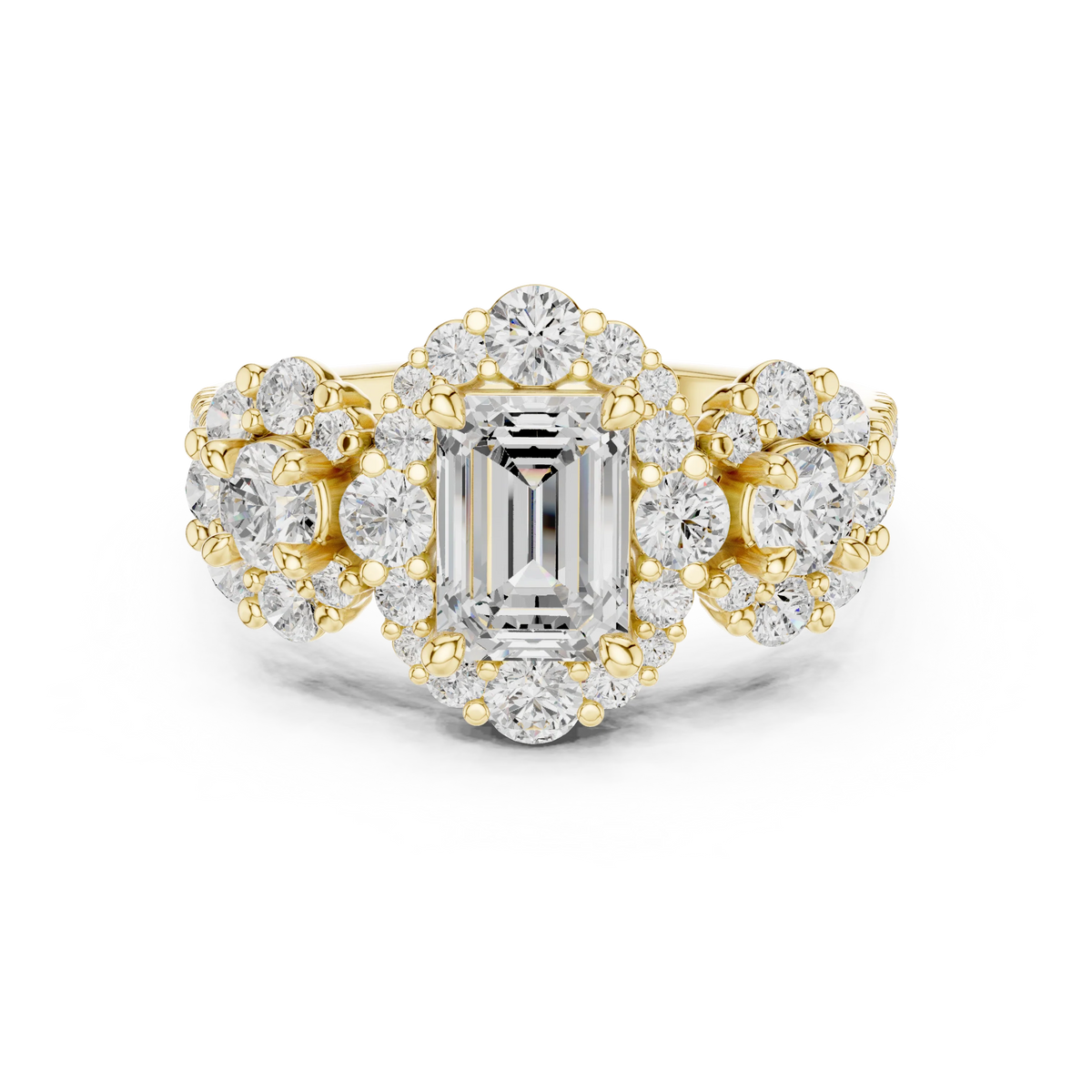 Emerald Cut Diamond Ring with Double Halo and Cluster Side Accents