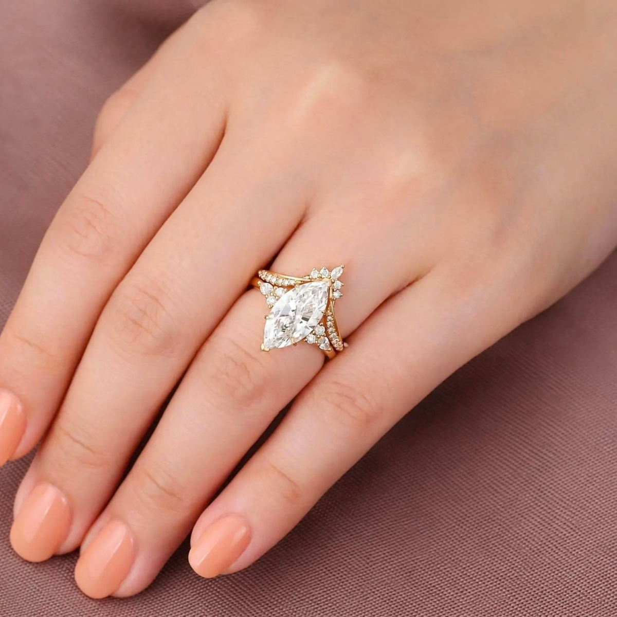 3 CT Marquise Lab grown diamond Engagement Ring Set Yellow Gold Cluster V prong Statement Bridal set
