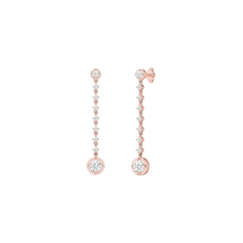 A pair of rose gold drop earrings with a series of small clear stones leading down to a larger round clear stone at the bottom, shown on a white background with a faint repeating watermark.