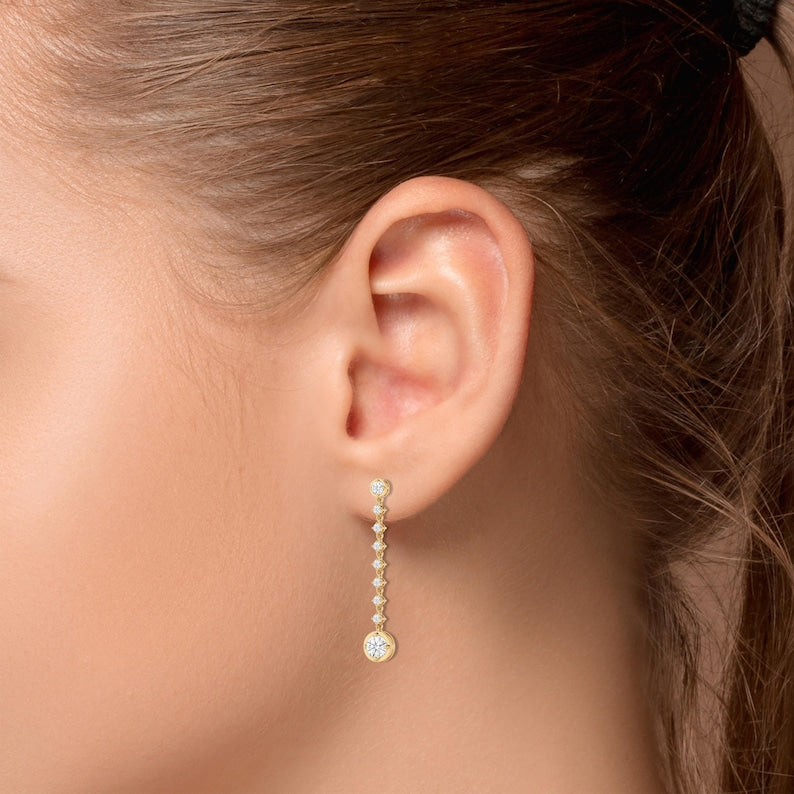 Dainty Round Diamond Drop Earrings, Bridal, Bridesmaid Gift, Wedding Party Jewelry Earrings Length 41.70mm