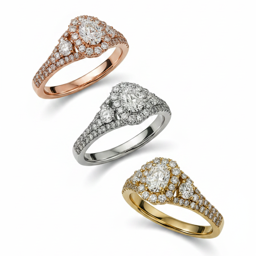Round Cut Lab Grown Diamond & Moissanite Halo Engagement Ring with Marquise Side Stones and Pavé Band