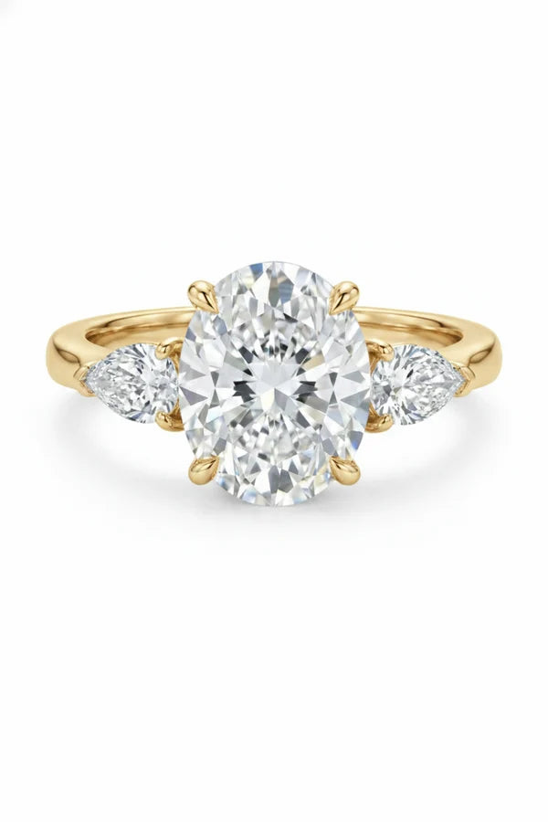 oval lab grown diamond engagement ring in 18k gold, side profile