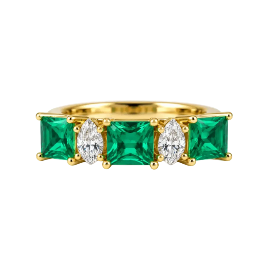 A yellow gold eternity ring featuring three emerald-cut green emeralds and two marquise-cut diamonds, set in a polished gold band against a white background.